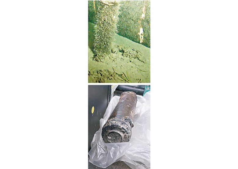 上及下圖：北溪二號天然氣管道附近發現的不明物體是海上浮標。