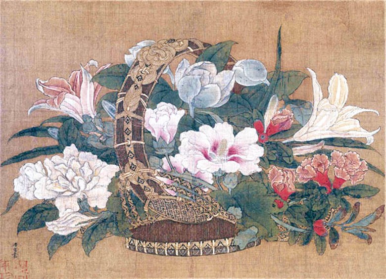 南宋畫院畫家李嵩罕見的傳世花卉畫「花籃圖」，是體現宋代宮廷工筆花卉畫風格的代表作。