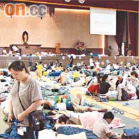 高雄縣佛光山共安置逾千災民，各災民僅有一個睡袋面積的空間。	（本報高雄傳真）