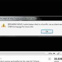 被黑客惡搞後，當用戶觀看Justin的MV時，會彈出聲稱他撞車身亡的假消息連結視窗（圖）。