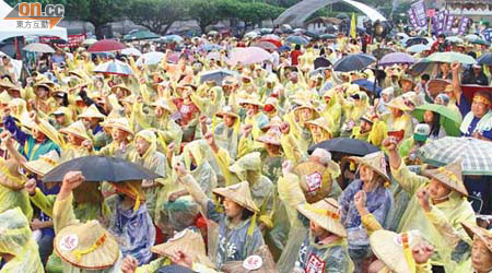數千名農民冒雨於凱達格蘭大道集會。	（本報台北傳真）