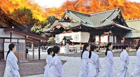 供奉着二戰甲級戰犯的靖國神社疑遭黑衣男子縱火。（設計圖片）