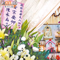 吳王霞靈堂昨日擺放了阿扁的花籃。（本報台南傳真圖片）