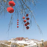 西藏拉薩以上萬盞紅燈籠為街頭裝飾。（中新社圖片）