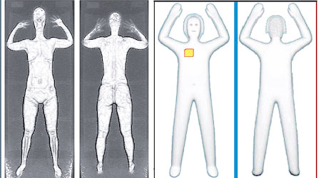 新的全身掃描器顯示卡通化圖像（右），有別於X光全身掃描機的影像（左）。（美聯社）