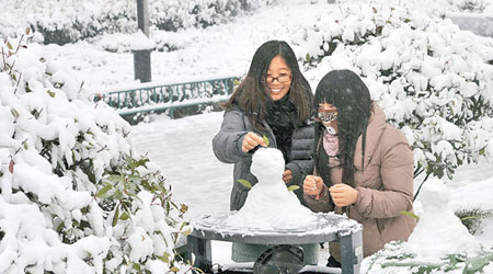 山東濟南女子在堆雪人，盡享雪中樂趣。（中新社圖片）