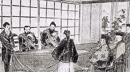 日本人所繪製的《馬關條約》簽署時情景。