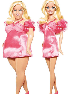 這幅傳統芭比娃娃（右）與加大碼芭比（左）的照片，在網上掀起熱論。（互聯網圖片）