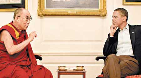 奧巴馬（右）二○一一年曾在白宮會見達賴（左），一度令中美關係緊張。
