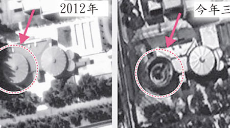 衞星圖片顯示，別墅範圍內的一棟建築棚頂垮塌。（互聯網圖片）