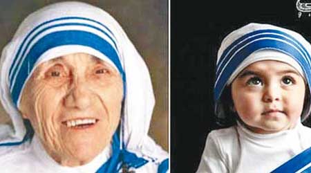 小女孩（右）穿上跟德蘭修女（左）同樣的服飾，看起來似模似樣。（互聯網圖片）