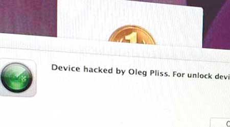 蘋果產品上顯示被Oleg Pliss入侵的訊息。（互聯網圖片）