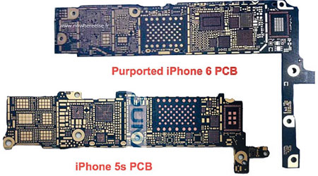 照片顯示iPhone 6的主機板（上），尺寸比iPhone 5s的主機板稍大，鑲嵌了俗稱5G Wifi的芯片。（互聯網圖片）