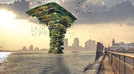 巨塔豎立於水中央，成為繁華城市中難得一見的綠色空間。圖為構想圖。（互聯網圖片）