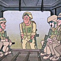 動畫講述威廉斯（中）未能與其他同袍登上同一輛裝甲車。（互聯社圖片）