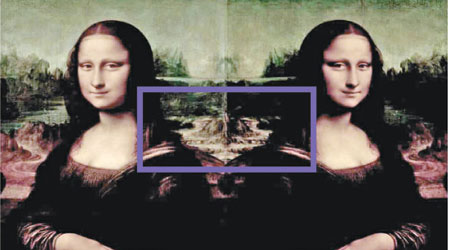 《蒙娜麗莎》鏡像圖中間浮現外星人的容貌。（互聯網圖片）