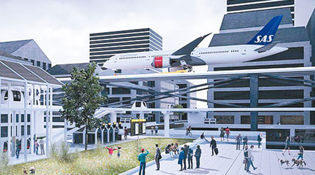 構思中，飛機可降落繁忙的市中心，搭客上機變得極為方便。（互聯網圖片）