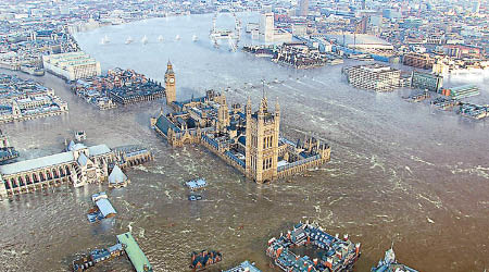 如氣候暖化情況嚴重，倫敦亦有被淹沒之虞。圖為模擬圖。（互聯網圖片）