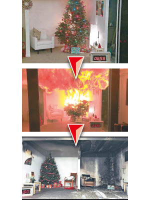 上至下圖：從測試影片可見倘真樹起火，火勢會迅速蔓延。（CPSC圖片）