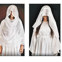 佩爾拉（左圖）與夏迪（右圖）穿着雅茲迪族傳統婚紗拍照。（互聯網圖片）