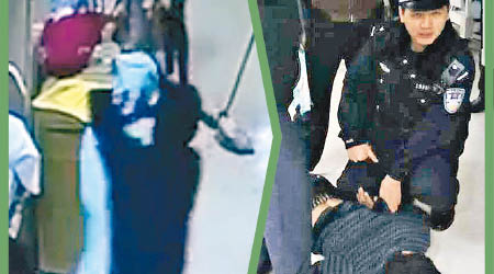 醉漢突撲向女護士（左圖），保安和警察趕至制服疑兇（右圖）。 （電視畫面）