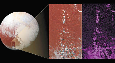 冥王星一道山脈的峰頂（方格示），覆蓋着雪一般的物質。（NASA圖片）