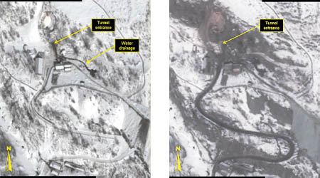 與三月六日比較（左圖），測試用隧道的入口，積雪已被清理（右圖）。