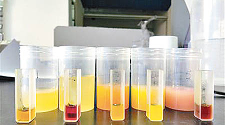 圖為送檢的五個「鮮榨果汁」樣本。（互聯網圖片）
