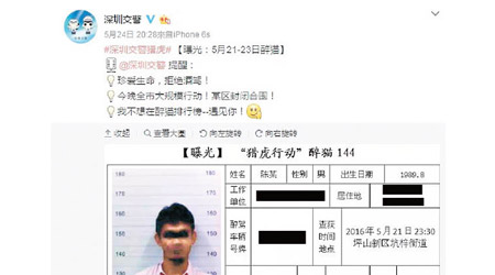 深圳交警在微博推出「醉貓榜」。（互聯網圖片）
