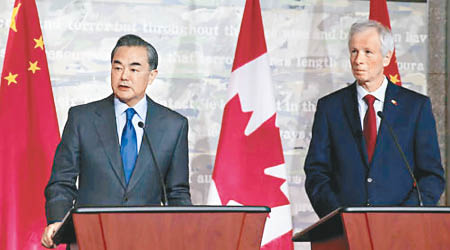 王毅（左）與狄安（右）會晤後共同舉行記者會。（互聯網圖片）