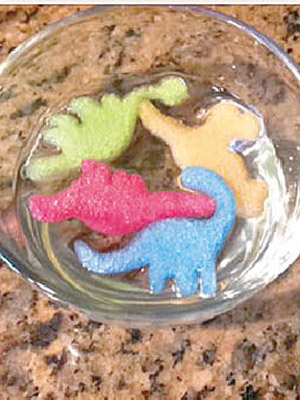 藥丸浸在水中，會發脹為恐龍形狀的玩具。（互聯網圖片）