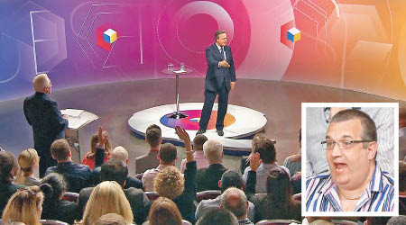 卡梅倫在電視節目中呼籲民眾投票支持留歐，一名男觀眾（小圖）直指卡梅倫是當代張伯倫。（電視畫面）