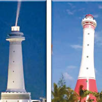 中方在華陽礁（左圖）及赤瓜礁（右圖）上建設的燈塔。