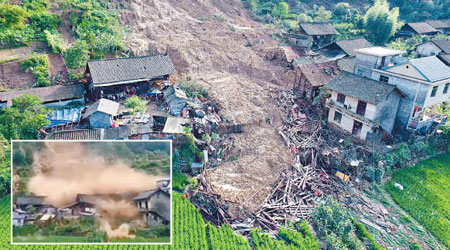湖南<br>古丈縣大量房屋瞬間被沖毀，小圖為洪潮淹至一刻。（中新社圖片、電視畫面）