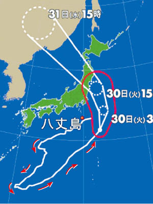 獅子山移動路徑詭異（箭嘴示），今日將在本州東北部登陸（紅圈示）。（互聯網圖片）