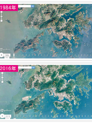 縮時攝影可見香港三十二年來地貌現已大為不同（上、下圖）。（Google圖片）