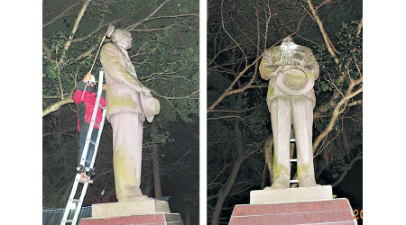 左及右圖：「台灣建國工程隊」成員爬上蔣介石銅像「斬首」。（互聯網圖片）
