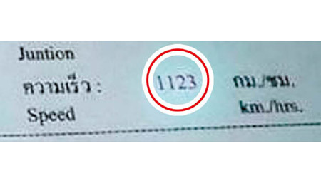 一名泰國網民日前在社交網站上載有關貼文，並附上一張告票截圖，顯示車速為時速一千一百二十三公里（紅圈示）。