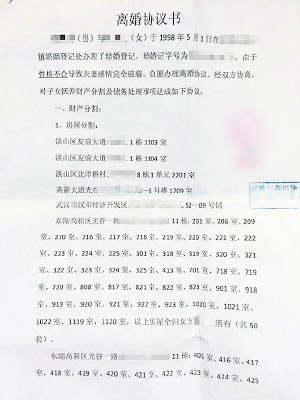 離婚協議書中列出多個房產，數量驚人。（互聯網圖片）