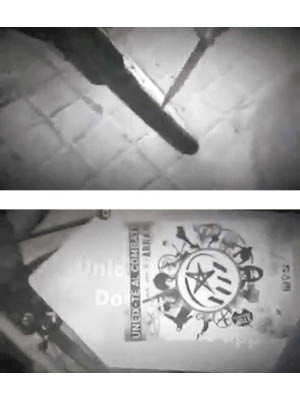 上圖：青年刺破單車車軚。下圖：片中有Arran標誌。（互聯網黑白圖片）