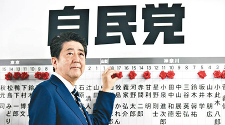 安倍晉三在當選的黨員名字上貼花。（資料圖片）