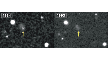 超新星「iPTF14hls」於五四年（左圖）曾爆炸，但在九三年（右圖）則沒發生此情況。