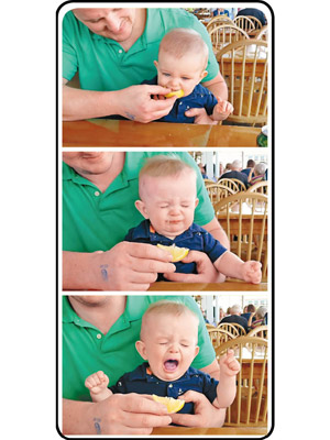 爸爸餵食檸檬，哈德遜的反應趣怪惹笑。（互聯網圖片）