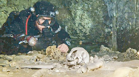 研究人員觀察在海底發現的人頭骨。（美聯社圖片）
