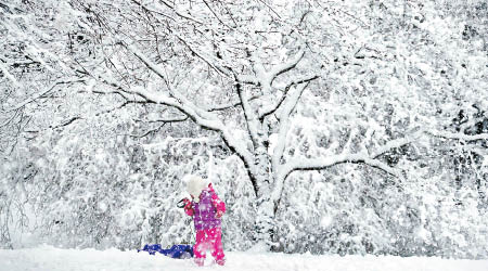 美國東北部因風暴影響落大雪。（美聯社圖片）