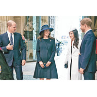（左起）威廉、凱瑟琳、梅根、哈利一同出席英聯邦日活動。（美聯社圖片）