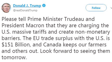 特朗普在Twitter狠批加拿大及歐盟。