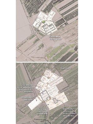 美媒公開新舊衞星圖片對比，可見吐魯番的再教育營（上圖）在過去一年不斷擴建（下圖）。（互聯網圖片）