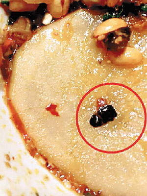 李女在火鍋蘸料內發現類似蟑螂的幼蟲（紅圈示）。（互聯網圖片）