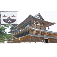 奈良法隆寺<br>裝飾金堂及五重塔頂部的鈴鐺受損（小圖）。